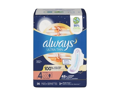 Always Ultra Thin Overnight Pads with Flexi-Wings, Size 4, Overnight, Unscented, 36 Count - 36.0 EA