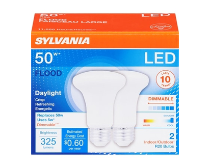 Sylvania 50 W Led Flood Daylight Indoor Outdoor R20 Bulbs - 2.0 EA