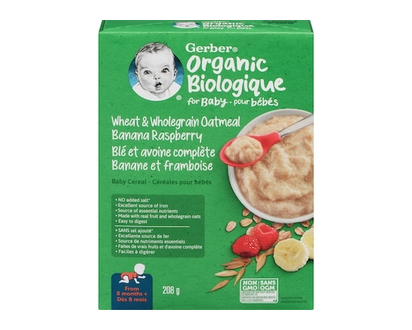 GERBER Organic Wheat & Wholegrain Oatmeal Banana Raspberry Cereal - 208 G