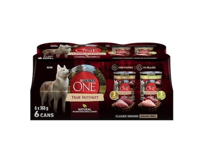 Purina ONE Véritable Instinct Moulue Classique Emballage Assorti Dinde, Venaison, Poulet et Canard, Nourriture Humide pour Chiens 6 x 368 g - 2.208 KG