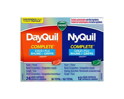Vicks DayQuil and NyQuil COMPLETE Cold, Flu and Congestion Medicine, 36 LiquiCaps, Relieves Cough, Sore Throat Pain, Fever, Runny Nose, Congestion, Da
