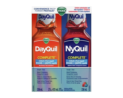 Vicks DayQuil and NyQuil COMPLETE Cold and Flu Symptom and Congestion Relief, Liquid Medicine. Relieves Headache, Fever, Sore Throat Pain, Minor Aches