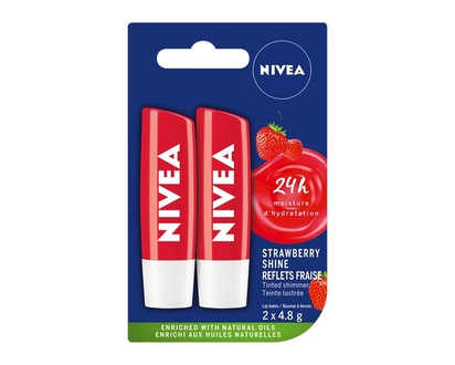 NIVEA Strawberry Shine Lip Balm, Tinted lip balm with glossy colour, Provides 24hr hydration, Lip moisturizer for dry lips, (2 x 4.8g) - 4 G