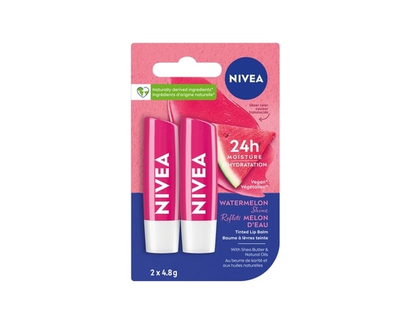 NIVEA Watermelon Shine Lip Balm, Tinted lip balm with shea butter & natural oils for 24hr moisture, Watermelon scent, Lip moisturizer for dry lips, (2