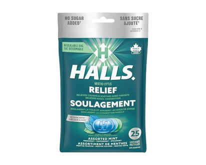 Halls No Sugar Added Assorted Mint Cough Drops, Throat Lozenges, Sore Throat Relief, Mentho-Lyptus - 25.0 EA