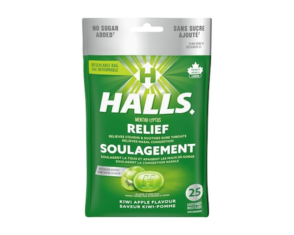 Halls Kiwi Apple Flavour Cough Drops, No Sugar Added, Throat Lozenges, Sore Throat Relief, Mentho-Lyptus - 25.0 EA
