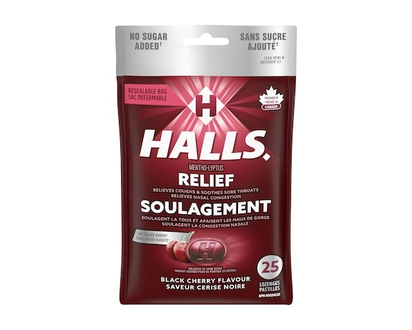 Halls No Sugar Added, Black Cherry Flavour Cough Drops, Throat Lozenges, Sore Throat Relief, Mentho-Lyptus - 25.0 EA
