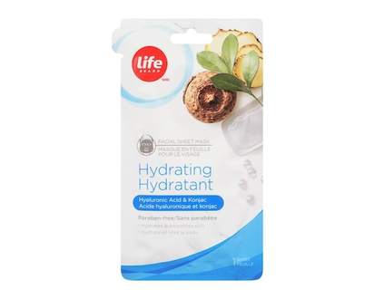 Life Brand Hydratant masque en feuille pour le visage, acide hyaluronique et konjac - 1 CHA