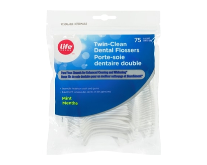 Life Brand Twin Clean Dental Flossers, Mint - 75 EA