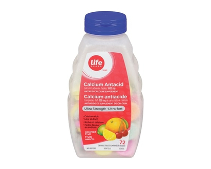 Life Brand Calcium Antacid Supplement Ultra Strength Assorted Fruit Flavour, 72 Chewable Tablets - 72.0 EA