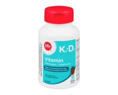 Life Brand Vitamin K2 120 mcg and Vit D3 1000 IU - 30 CAP