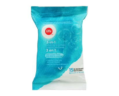 Life Brand 3-In-1 Facial Cleansing Wipes, With Cucumber Extract - 15.0 EA
