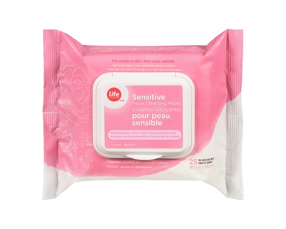 Life Brand Sensitive Facial Cleansing Wipes, with Rosewater & Witch Hazel - 25.0 EA
