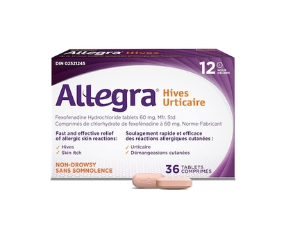 Allegra Hives, 12-Hour Itchy Skin Relief Due to Hives, Allergic Skin Reactions, Non-Drowsy Allergy Medication, 60 mg Fexofenadine Hydrochloride Antihi