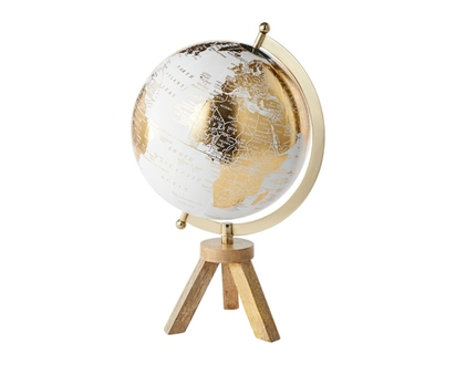 Life at Home Globe sur pied, blanc avec imprimé or, base en bois avec accents dorés, 20,6 cm - 1.0 EA