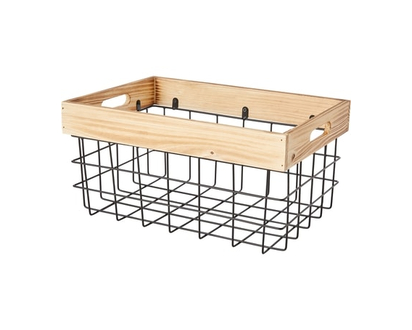 Life at Home Wood with Iron Wire Basket, Medium, 14 in x 9.5 in x 7 in - 1.0 EA