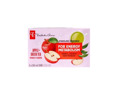 President's Choice Apple + Green Tea Flavoured Sparkling Beverage with Vitamin B12 for Energy Metabolism - 355.0 ML