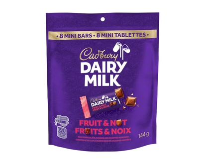 Cadbury DAIRY MILK Fruit & Nut, Bag of 8 x 18 g Mini Bars - 144.0 G
