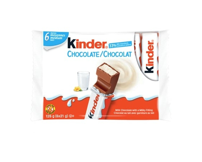 Kinder Barre CHOCOLATE/CHOCOLAT, barre de chocolat au lait avec une garniture au lait, paquet de 6, barres emballées individuellement - 126 G