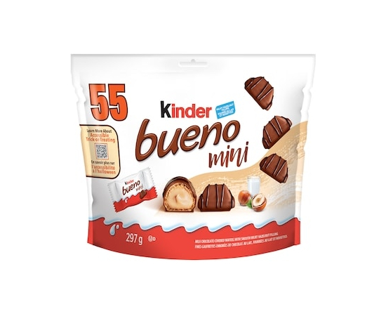 Kinder BUENO Mini Chocolate and Hazelnut Cream Candy Bars, Halloween Candy, 55 Individually Wrapped Chocolates Per Bag - 297.0 G