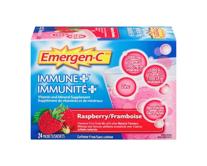 Emergen-C Immune+ Vitamin C & Mineral Supplement Fizzy Drink Mix, Raspberry - 24 PK