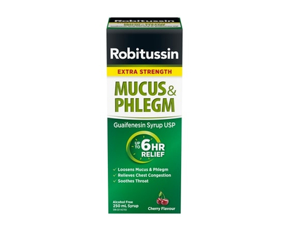 Robitussin Extra Strength Mucus & Phlegm Syrup, Alcohol Free, Cherry Flavour - 250.0 ML