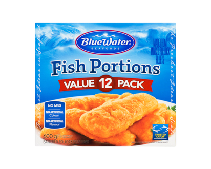 BlueWater Seafoods Battered Fish Portions 100% Real Fish, Frozen, 12 Count - 600.0 G