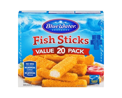 BlueWater Seafoods Breaded Fish Sticks Cut from Real Fish, Wild Caught Fish with Crunchy Panko Breadcrumbs, Frozen, 20 Count - 500.0 G