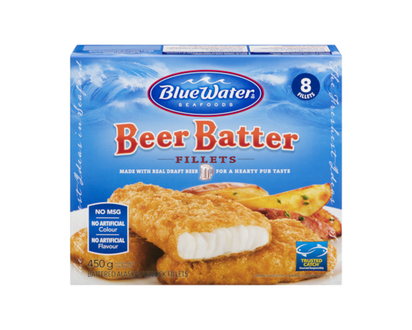 BlueWater Seafoods Beer Battered Fish, Wild Caught Pollock, Frozen, 8 Count - 450.0 G
