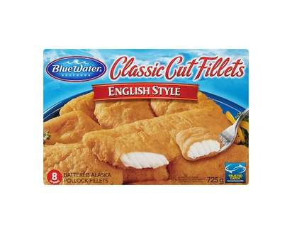 BlueWater Seafoods English Style Classic Cut Fillets, Wild Caught Pollock, Frozen, 8 Count - 725.0 G