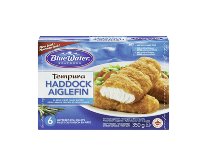 BlueWater Seafoods Tempura Haddock Fish Fillets, Wild Caught Haddock, Frozen, 6 Count - 350.0 G
