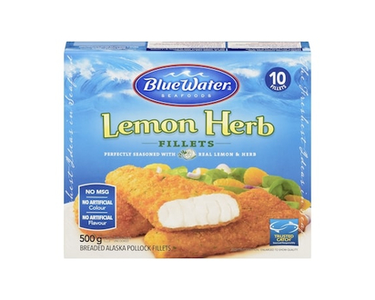 BlueWater Seafoods Lemon Herb Fish, Wild Caught Pollock, Frozen, 10 Count - 500.0 G