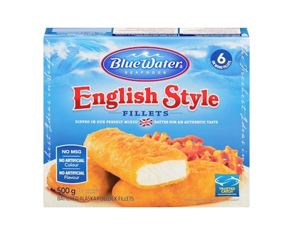 BlueWater Seafoods English Style Fish, Wild Caught Pollock, Frozen, 6 Count - 500.0 G