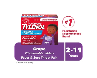 Tylenol Children's Medicine, Fever and Sore Throat Chewables, Grape - 20.0 EA