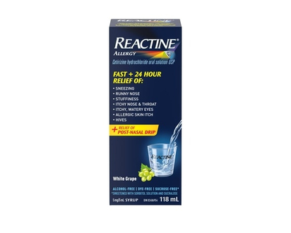 Reactine Liquid Allergy Medicine - For Itchy Eyes, Hives, Runny Nose - 24 Hour Allergy Relief - White Grape Flavour - 118.0 ML