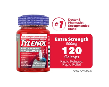 Tylenol Extra Strength Pain Relief Acetaminophen 500mg Rapid Release Gels, 120 Count - 120 TAB