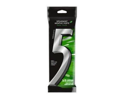 Wrigley's 5 Spearmint-Rain Flavoured Sugar Free Chewing Gum, 15 Sticks, 3 Packs - 3.0 EA