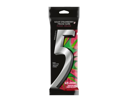Wrigley's 5 Strawberry-Flood Flavoured Sugar Free Chewing Gum, 15 Sticks, 3 Packs - 45.0 EA