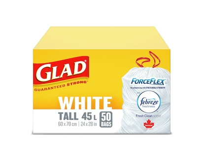 Glad Sacs à ordures blancs longs ForceFlex à cordon coulissant avec senteur fraîche et propre de Febreze fraîcheur, sacs à ordures de 45 L - 50.0 EA