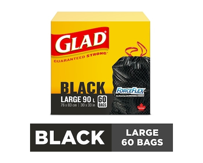 Glad Black Garbage Bags - Large 90 Litres - ForceFlex, Drawstring - 60.0 EA