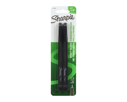 Sharpie Pens, 0.8 mm Fine Tip, Black, 2/Pack - 1.0 EA