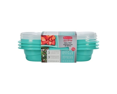 Rubbermaid TakeAlongs Divided Meal Prep Containers, Colour May Vary (Blue or Teal), 3 Pack - 1.0 EA