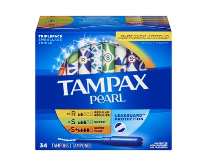 Tampax Pearl Tampons Trio Multipack, with LeakGuard Braid, Regular/Super/Super Plus Absorbency, Unscented, 34 Count. - 34.0 EA