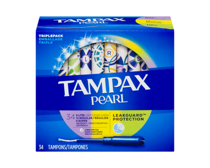 Tampax Pearl Tampons Trio Multipack, with LeakGuard Braid, Light/Regular/Super Absorbency, Unscented, 34 Count. - 34.0 EA