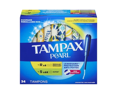 Tampax Pearl Tampons Duo Multipack, with LeakGuard Braid, Regular/Super Absorbency, Unscented, 34 Count. - 34.0 EA