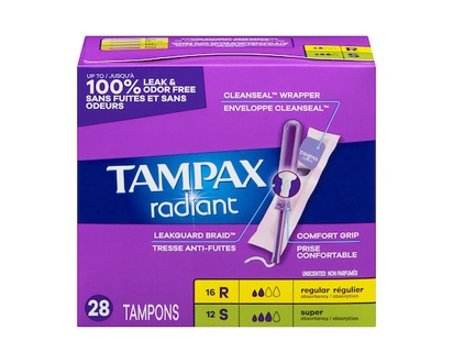 Tampax Radiant Tampons Duo Pack, Regular/Super Absorbency, Unscented - 28.0 EA