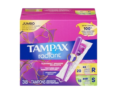 Tampax Tampons Radiant avec tresse anti-fuites LeakGuard, degré d’absorption régulier/super, emballage duo, non parfumés - 38 CHA