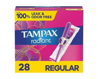 Tampax Radiant Tampons Regular Absorbency with BPA-Free Plastic Applicator and LeakGuard Braid, Unscented, 28 Count - 28 EA