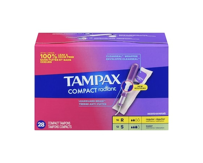 Tampax Compact Radiant Tampons Multipack, with LeakGuard Braid & Extendable Applicator, Regular/Super 28 Ct - 28.0 EA