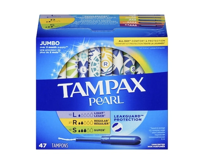 Tampax Pearl Tampons Trio Multipack, with LeakGuard Braid, Light/Regular/Super Absorbency, Unscented, 47 Count. - 47.0 EA